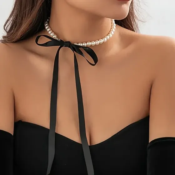 Чокер жемчужный с черной атласной лентой – бант, 37 см, бусины 8 мм, лента 90 см Киев