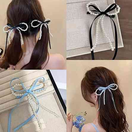 Заколка для волос бантик с жемчугом (9×17 см) – черная Киев