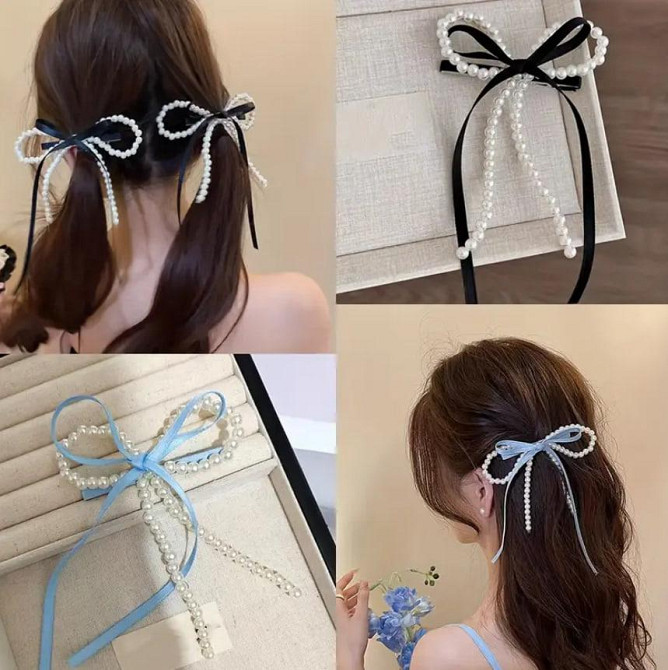 Заколка для волос бантик с жемчугом (9×17 см) – черная Киев - изображение 3