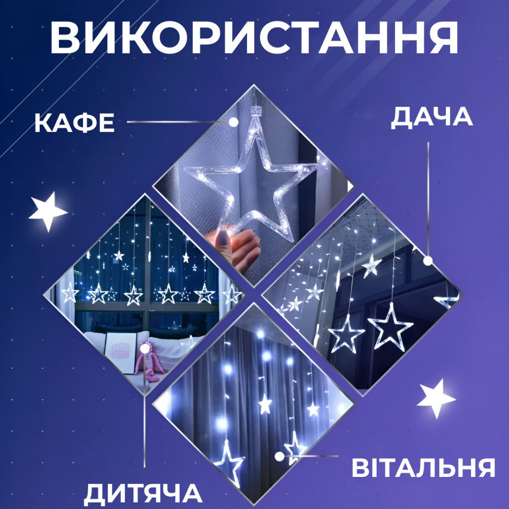 Гирлянда штора 3х0,7 м Звезды на 108 LED лампочек светодиодная 6 больших и 6 маленьких звезд 9 В 8 режимов 1733055W Киев - изображение 3