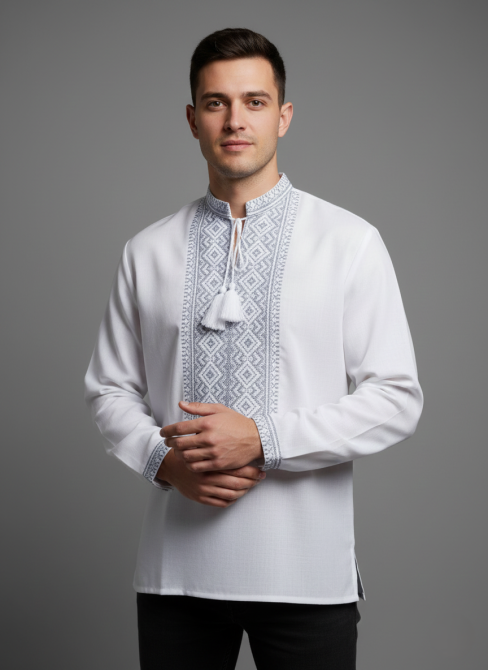 Мужская рубашка-вышиванка в этническом стиле серый орнамент 52 Киев - изображение 1