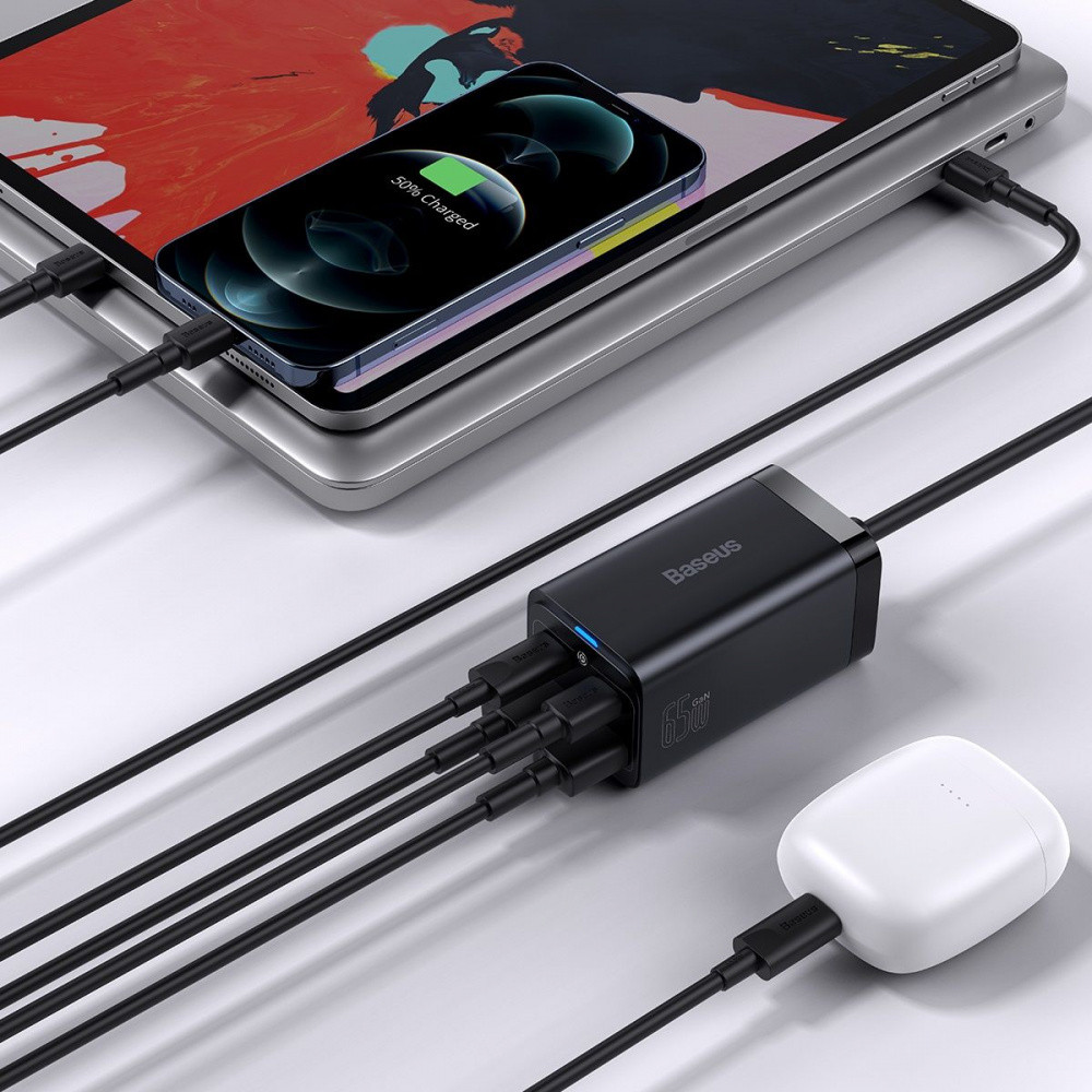 Сетевое зарядное устройство для Baseus GaN3 Pro 65W 2 Type-C+2 USB + Кабель Type-C to Type-C 100W (1м) черный Львов - изображение 5