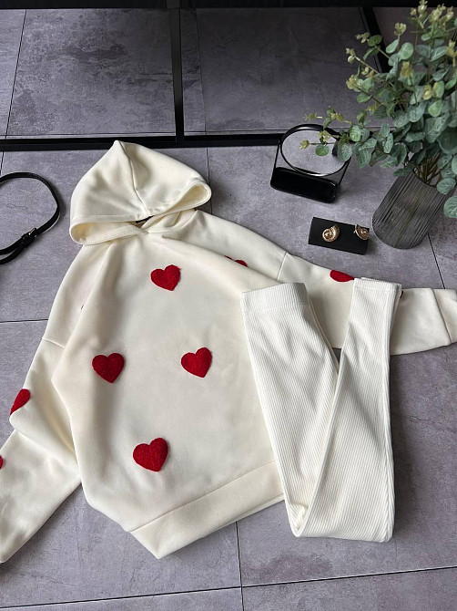 Женский теплый прогулочный костюм двойка с сердечками трехнить на флисе + ангора рубчик Молочный, 46/48 Одесса - изображение 4