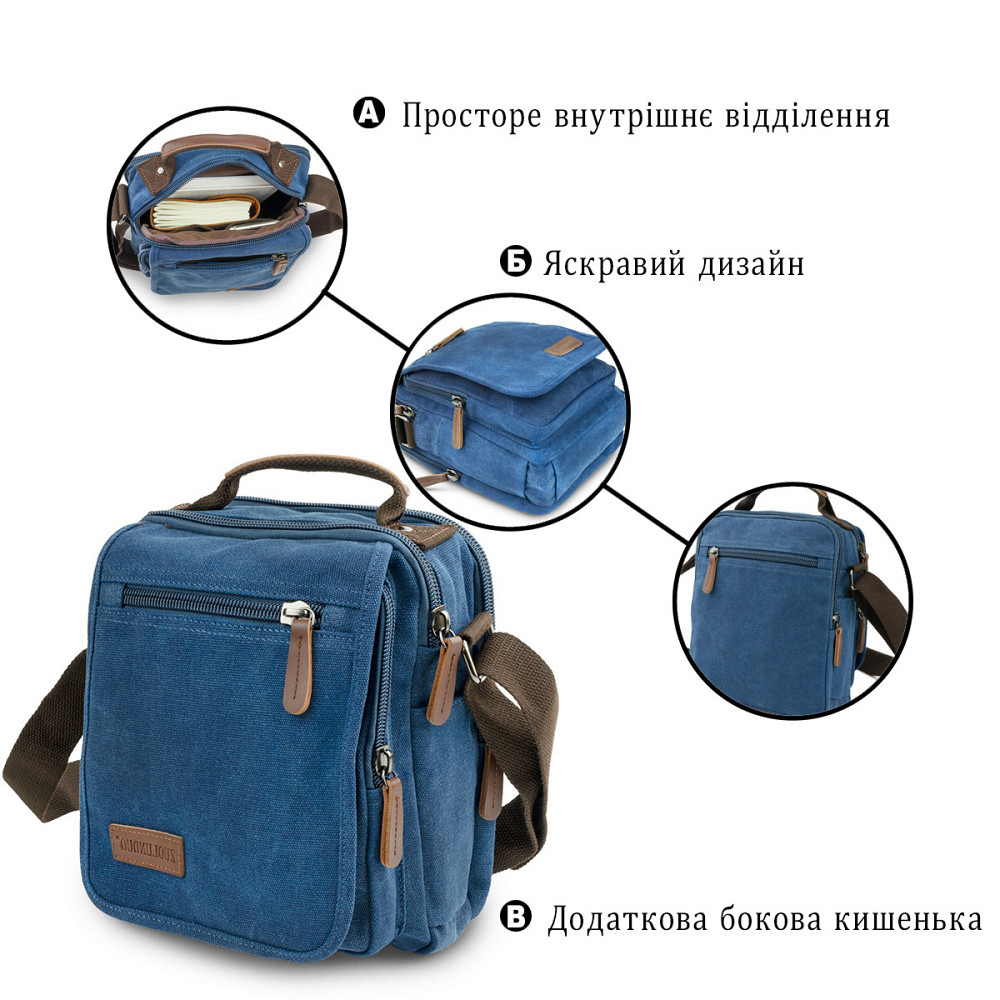Универсальная текстильная мужская сумка на два отделения Синяя (Vintage) Киев - изображение 8
