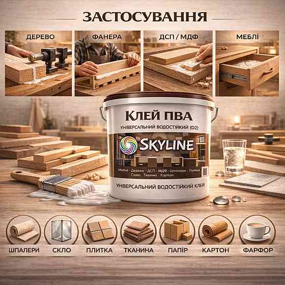Клей ПВА D2 водостійкий SkyLine 1 кг — універсальний столярний клей для дерева, ДСП, МДФ і меблів Харків