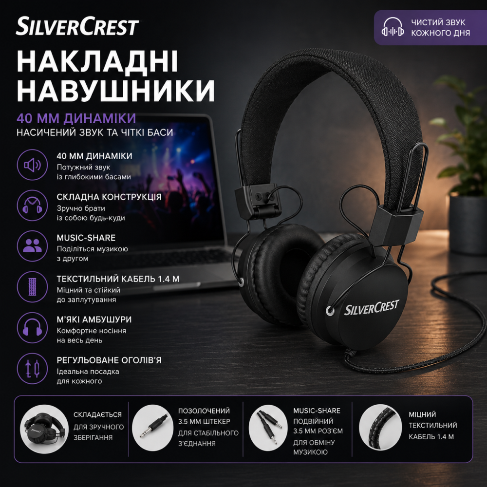 Накладні навушники SILVERCREST (40 мм): Складана конструкція, функція Music-share, текстильний кабель 1.4 м Київ - фото 6