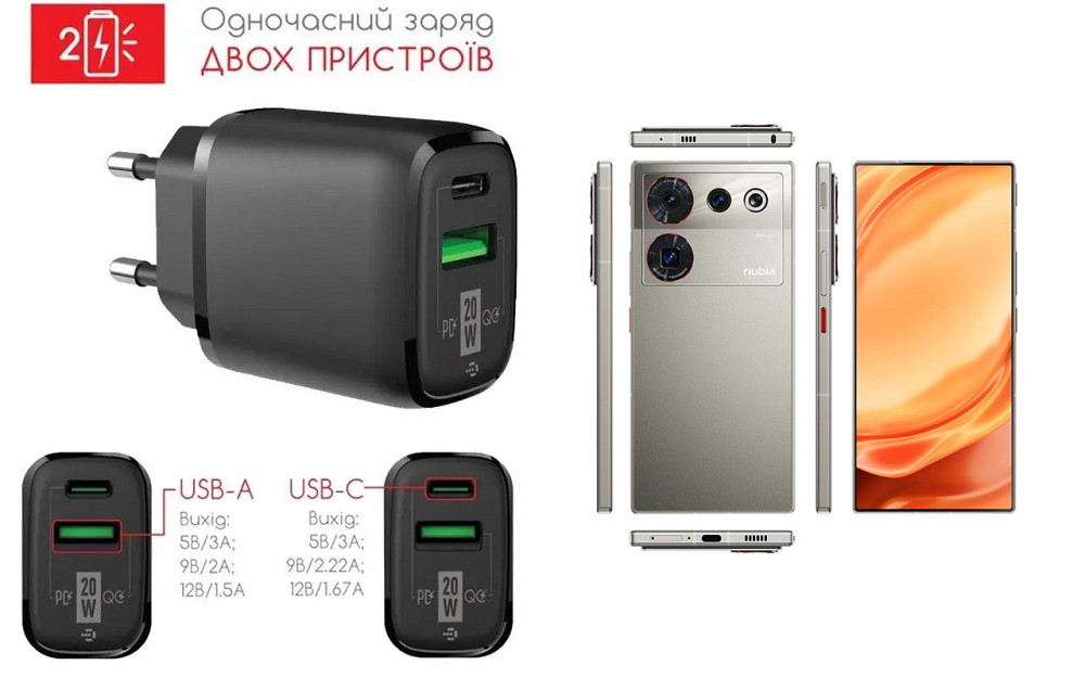 Мережевий зарядний пристрій для ZTE Nubia Z50 Ultra, 20W 3A, Quick Charge 3.0 Київ - фото 1