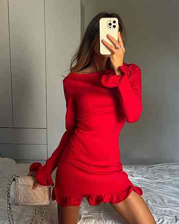 Женское романтичное мини платье с воланами из итальянского трикотажа Красный, 44/46 Одесса