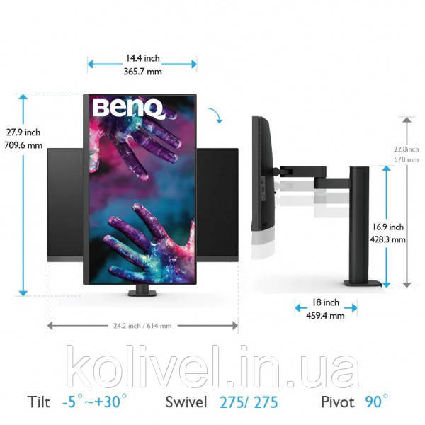 TFT 27" BenQ PD2705UA, IPS, 4K UHD, 99% sRGB, HDMI, DP, USB-C, USB-hub, HAS, колонки, темно-сірий Київ - фото 7
