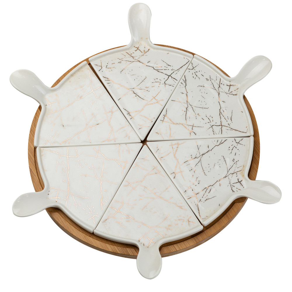 Yiwu Тарілка для піци 28 см порцелянова з бамбуковою підставкою, що обертається, секційна Киев - изображение 5