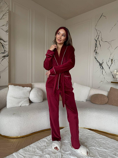 Жіноча затишна піжама: халат-кімоно, штани + пов'язка на голову велюр Бургунді, 46/48 Одеса - фото 6
