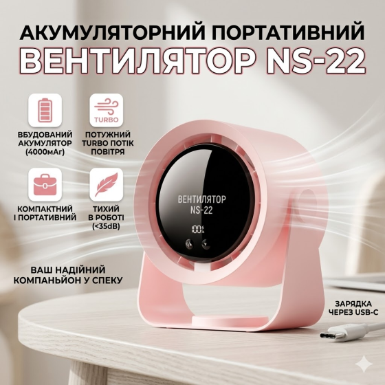Портативний вентилятор NS-22 з дисплеєм та 100 рівнями потужності — прохолода, яку контролюєте ви Київ