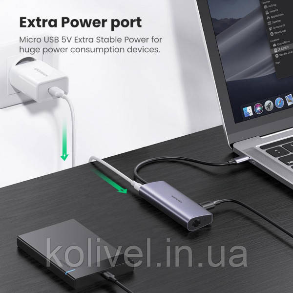 Хаб USB 3.1 Type-C -> 3хUSB 3.0 + RJ45 1000M Ethernet сірий UGREEN (60718) Київ - фото 5
