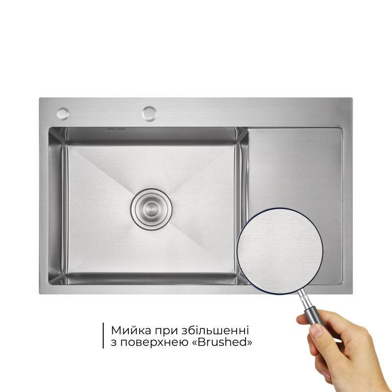 Мойка для кухни интегрированная Lidz Handmade Max 500 H7849R Brushed Steel, 3,0/1,0 мм, крыло справа, увеличенная чаша Киев - изображение 3