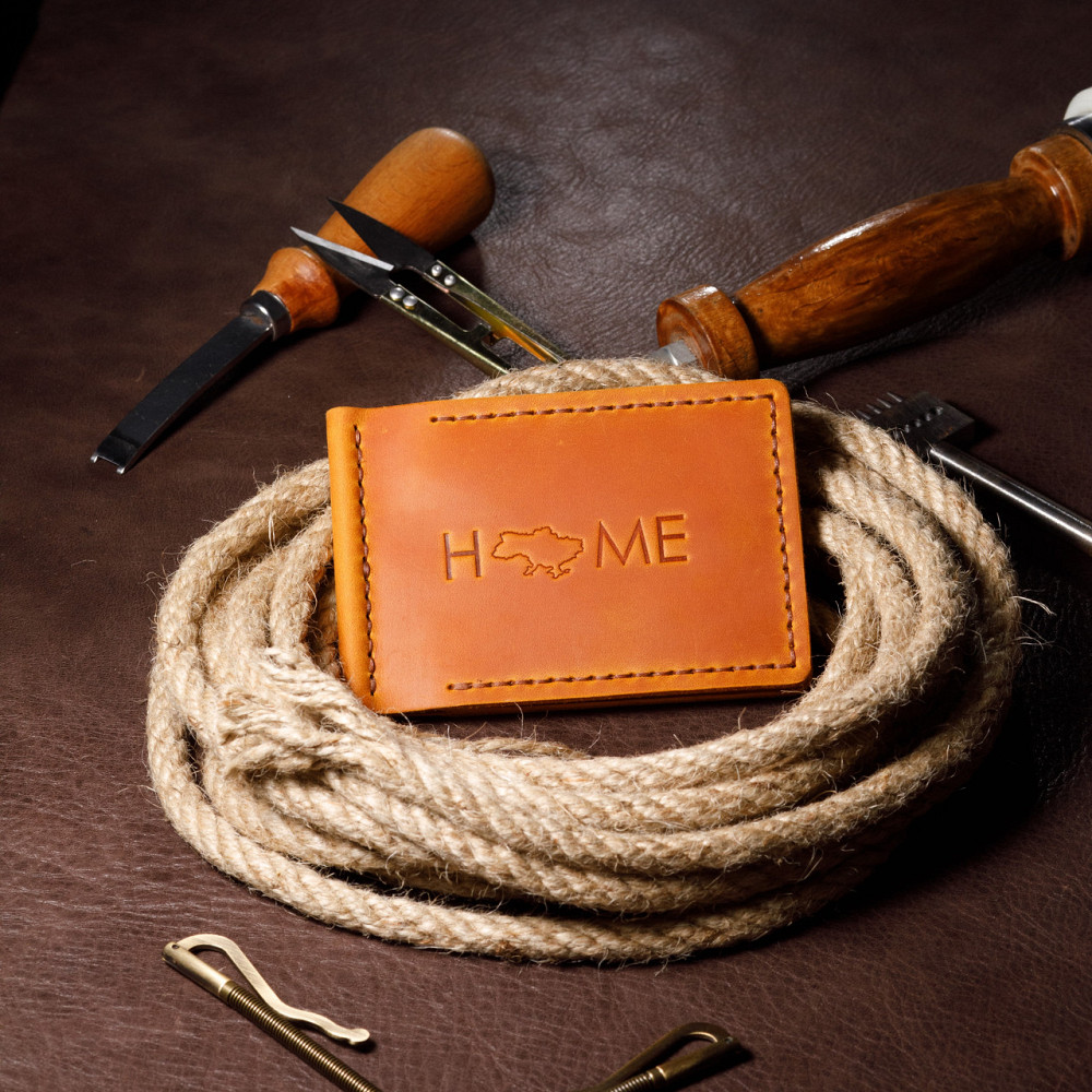 Затиск для купюр зі шкіри чоловічий з відділеннями для карт, місткий гаманець на кнопці, помаранчевийMasterSem Київ - фото 1