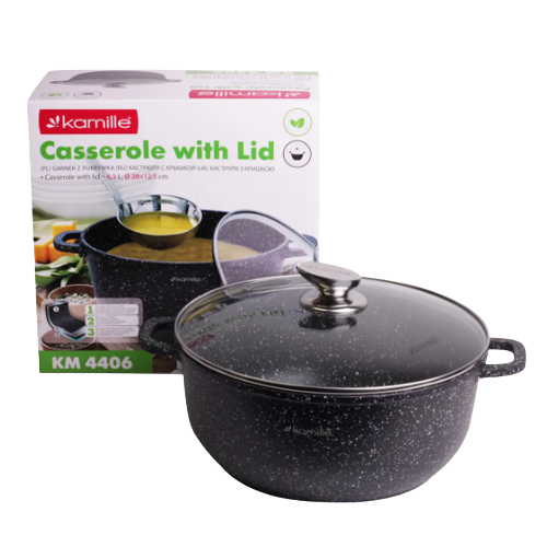 Каструля литий алюміній 6,5л 28*12,5см скляна кришка а/п Black marble 4406 KAMILLE Житомир