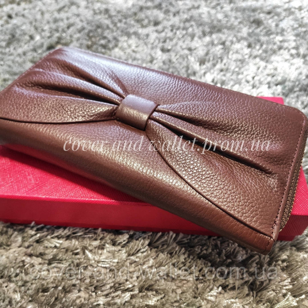 Коричневый женский кожаный кошелек клатч на молнии с бантом F.Salfeite Киев - изображение 2