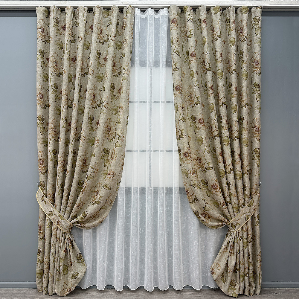 Комплект штор VR-Textil Лен Прованс 150х270 2шт и Тюль 400х270 2080ш-115т Коричневый с белым 71-215/3 Киев - изображение 1