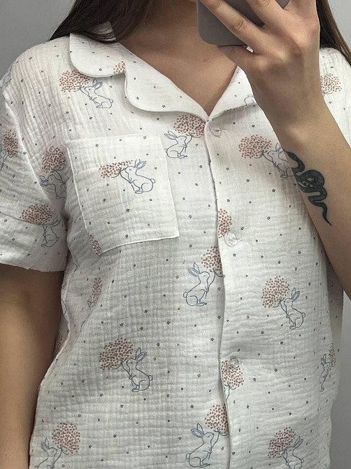 Жіноча піжама з шортами муслінова Молочний кролики M Харків - фото 5