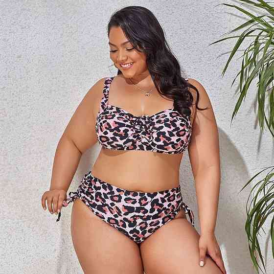 Жіночий роздільний купальник великих розмірів Plus Size з тонким поролоном та плавками сліпами із завищеною посадкою леопардовий Київ