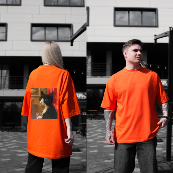 Парні футболки оверсайз(oversize) для чоловіка і дружини, для закоханих пар SANE з принтом кіт стрес помаранчеві Одеса