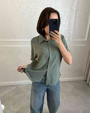 Женская легкая базовая рубашка с коротким рукавом на пуговицах американский креп 42/44, Оливка Одесса