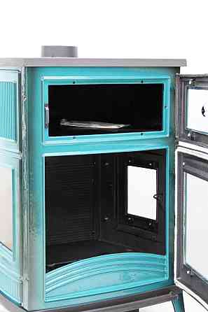 Піч-камін чавунна на дровах з духовкою Hosseven 8000E 13 кВт три скла верхній димохід блакитна Київ