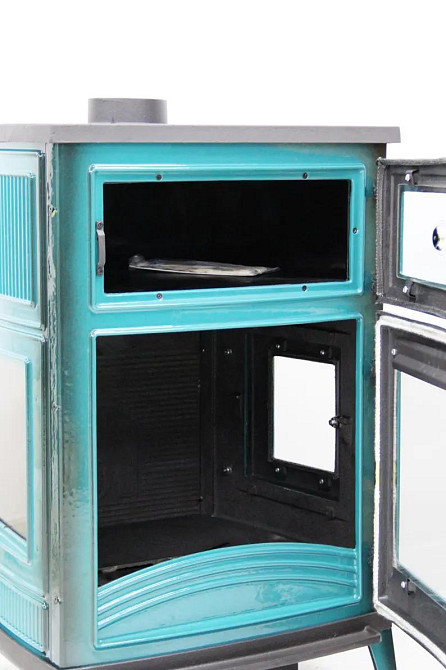 Піч-камін чавунна на дровах з духовкою Hosseven 8000E 13 кВт три скла верхній димохід блакитна Тернопіль - фото 4