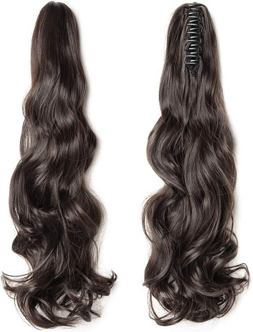 Накладний хвіст хвилястий довгий кучерявий темно-коричневий каштановий на крабі, термостійке синтетичне штучнине волосся шиньйон Київ - фото 1