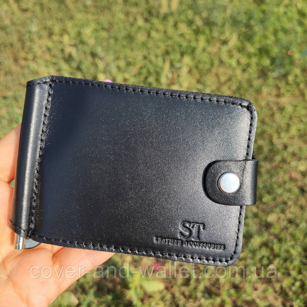 Затискач для грошей на кнопці із вінтажної шкіри чорного кольору Puos Київ - фото 7