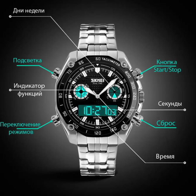 Наручные мужские часы Skmei 1204 direct Серебристый с черным циферблатом Винница - изображение 6