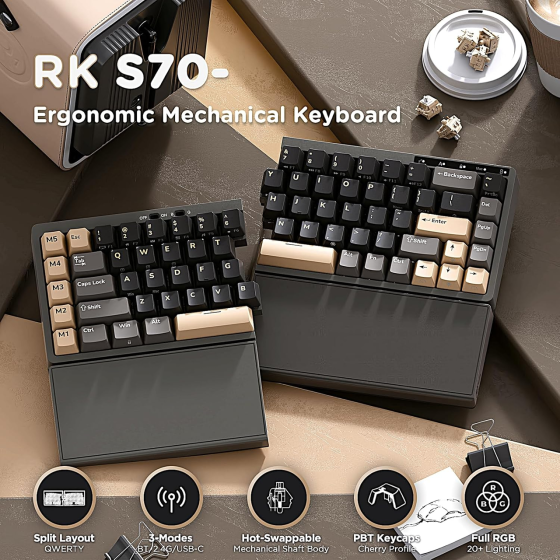 Механическая раздельная клавиатура RK ROYAL KLUDGE RKS70 RGB: Беспроводная 2.4GHz/BT/USB-C, Hot-Swap, 75%, Черная Киев