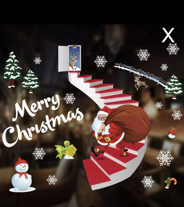 Різдвяні наклейки на вікна "Дід Мороз на сходах" - картина на 2-х листах розмірами 35*50см, силікон Київ - фото 1