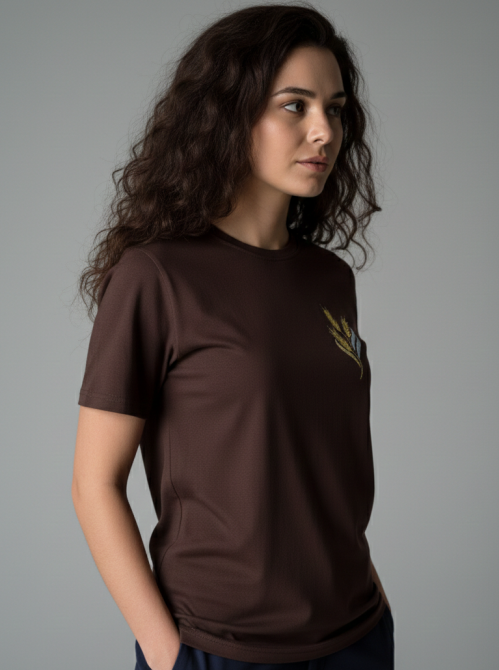 Жіноча коричнева вишита футболка вишиванка з жовтими колосками Київ - фото 2