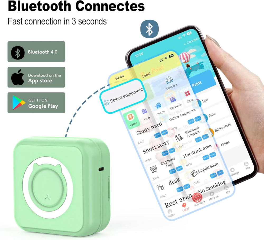 Портативний мініпринтер HUIJUTCHEN: Термопринтер для фото та етикеток, Bluetooth 4.0, 205 DPI, 10 рулонів паперу, iOS/Android (Gre Київ - фото 6