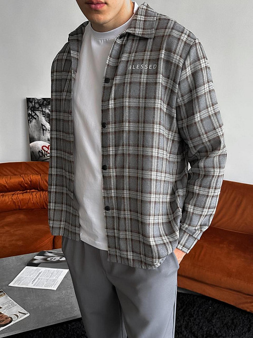 Фланелева чоловіча сорочка в клітинку сіро-біла з довгим рукавом весна-осінь вільна на кнопках демісезонна з написом XL Одеса - фото 7