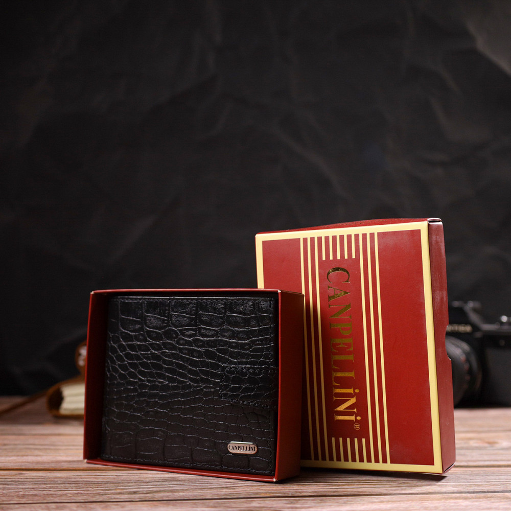 Зручний чоловічий гаманець із натуральної фактурної шкіри з тисненням під крокодила CANPELLINI 21790 Чорний Київ - фото 10