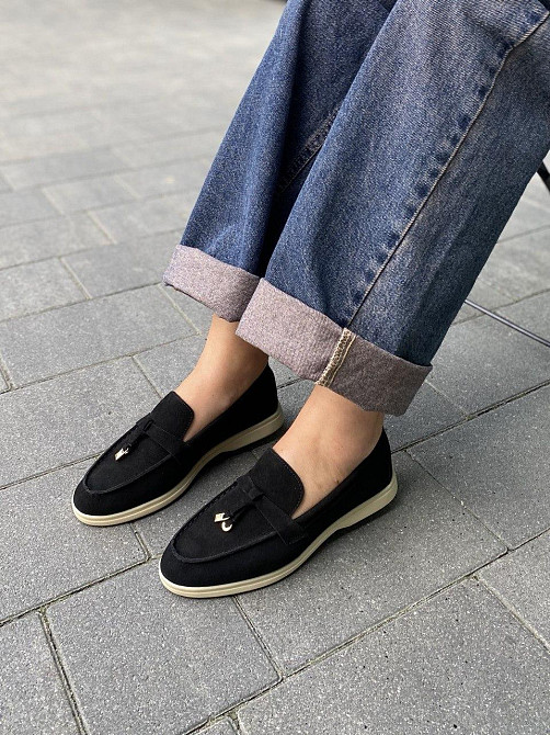 Lemon Лофери жіночі замшеві чорні на плоскій підошві весна-осінь р. 36-41 / Лофери з натурально Коломия - фото 1