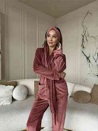 Жіноча затишна піжама: халат-кімоно, штани + пов'язка на голову велюр Какао, 42/44 Одеса