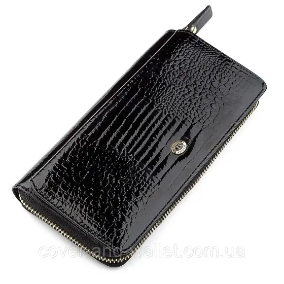Черный лаковый женский кошелек на молнии с блоком для карточек S7001A Black Киев