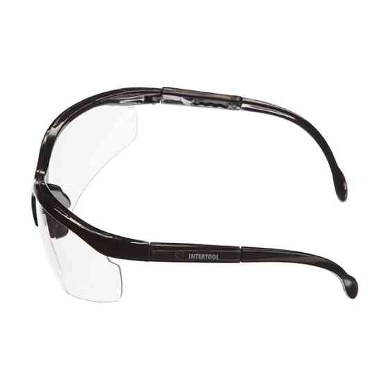 Окуляри захисні, прозорі, лінзи полікарбонат, заушники полікарбонат чорні, захист від удару, оптичний клас 3 INTERTOOL SP-0089 Київ