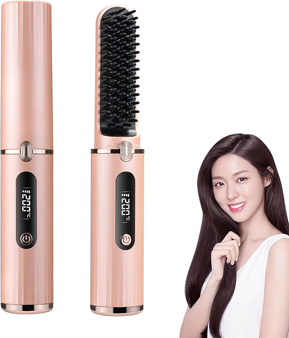 Рожева бездротова щітка-випрямляч для волосся з іонізацією, портативна, акумуляторна, гребінець для подорожей Київ - фото 1