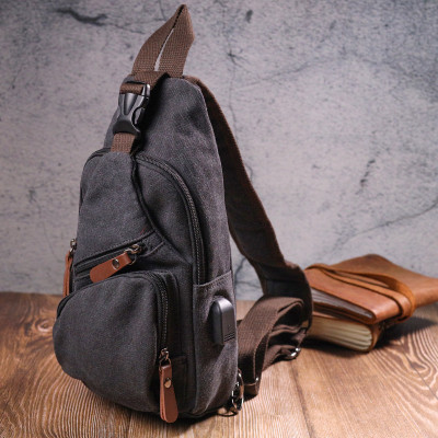 Сумка Vintage Через плечо с USB кабелем текстильная Черная (21221) Винница - изображение 7