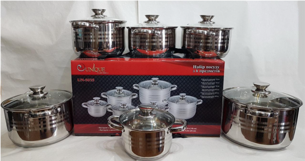Набор кастрюль UNIQUE UN-5035 из пищевой нержавеющей стали с крышками разних размеров (12 предметов в наборе) Одесса - изображение 2