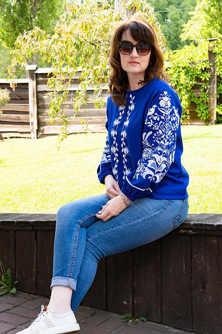 Вишиванка жіноча, лляна, з довгим рукавом, колір електрик, топ Київ - фото 2