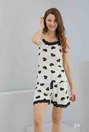 Жіноча легка принтована піжама-двійка: майка та шорти з мереживом Білий 2, 48 Одеса