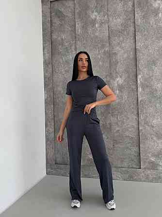 Женский базовый костюм тройка: лонгслив, футболка и штаны микродайвинг Графит Одесса