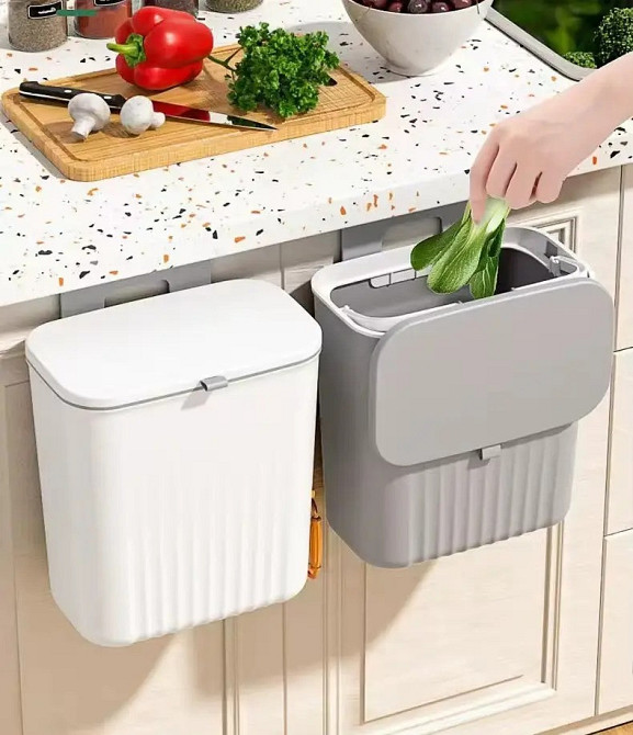 Подвесное кухонное ведро с крышкой, многофункциональный пластиковый мусорный бак для кухни, ванной, 7л,grey Каменец-Подольский - изображение 3