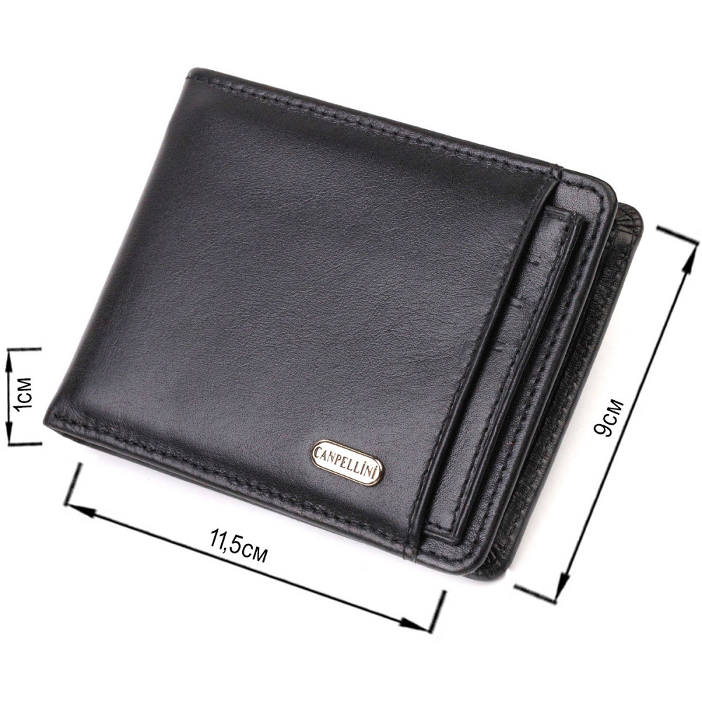 Практичний компактний гаманець із вкладишем для посвідчення для чоловіків з натуральної гладкої шкіри Чорний (CANPELLINI) Київ - фото 6