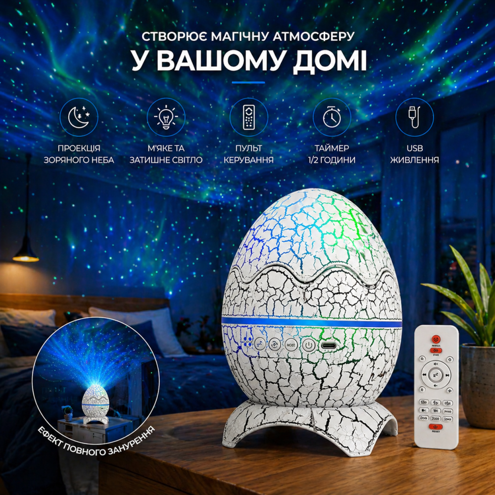 Нічник-проектор зоряного неба Динозаврове яйце K850 White: 21 режим, Bluetooth-колонки, білий шум, пульт ДК Київ - фото 1